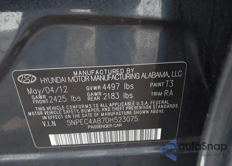 2013 Hyundai Sonata Se 2.0T из США, поврежденный, VIN 5NPEC4AB7DH523075